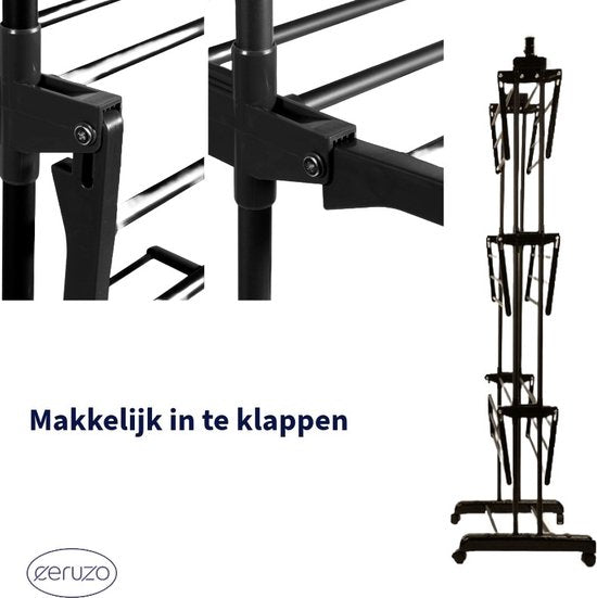 Wasrek Inklapbaar - 75x64x178 cm - Wastoren - Droogtoren met Wieltjes - Zwart