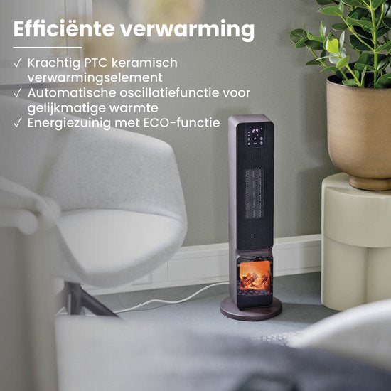 QLT Keramische Kachel – Elektrische Verwarming met Vlameffect, Oscillatie & App-bediening – 1000-2000W – Compact & Energiezuinig – Zwart