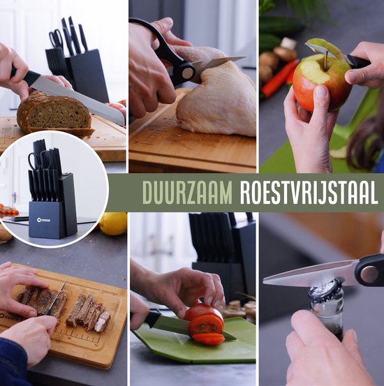 COOCK - Messenset met Blok en Vouwbare Snijplank – Keukenmessen - Schaar - Aanzetstaal (Messenslijper) – 15-Delige Keukengerei Set in Messenblok - Met Krasbestendige Coating - RVS/Zwart