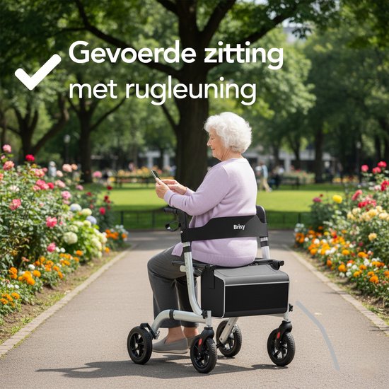 Brixy Rollator - Lichtgewicht En Opvouwbaar - Zitfunctie - Rugleuning, Tas En Wandelstokhouder - Grijs