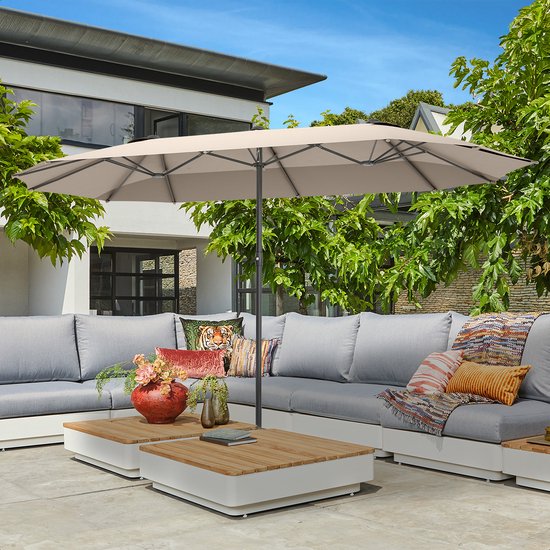 LifeGoods Dubbele Parasol - 270x460cm - tot 15 Personen - Waterdicht - met Hoes - Taupe