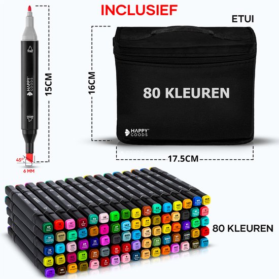 Happy Goods Twinmarkers - 80 Alcohol Markers - Markeerstiften - incl. Opbergtas - Stiften voor Volwassenen & Kinderen - Aquamarkers