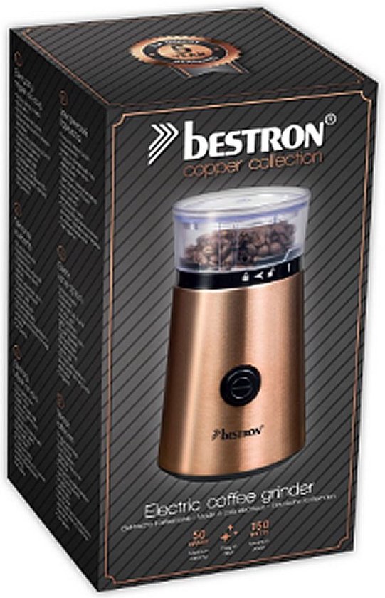 Bestron ACG1000CO Elektrische Koffiemolen – 150W – RVS Messen – 50 g Capaciteit – Koperkleur – Voor Koffiebonen & Kruiden - 5 jaar garantie