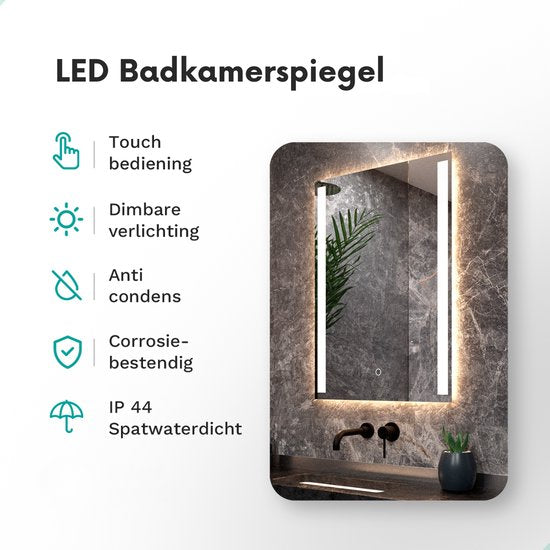Mirlux Badkamerspiegel met LED Verlichting & Verwarming – Wandspiegel Rechthoekig– Anti Condens Douchespiegel - 90x65CM