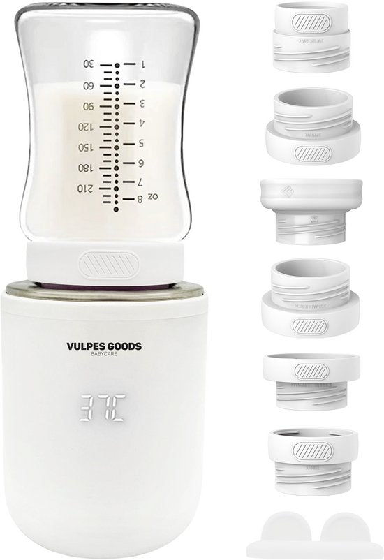 Vulpes Goods® BabyCare - Flessenwarmer Pro Max- Draagbare Baby Flessenwarmer voor Onderweg - Intelligente Flesverwarmer - 4 Temperatuurniveaus - Draadloos - Inclusief 6 Adapters - USB Oplaadbaar - 13.200 mAh - Wit