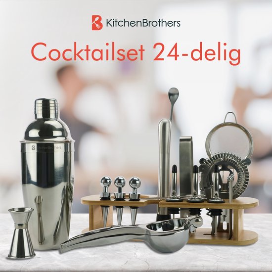KitchenBrothers Cocktail Set - 25 delig - Luxe set - Cocktail Shaker (750ml) - Donkerbruin/Bamboe - Cadeauverpakking