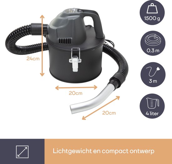Perel Mini-aszuiger, haardzuiger, stofzuiger voor as, open haard, barbecue, droogzuiger met flexibele slang 0.3 m, HEPA-filter, zuigfunctie, zonder zak, 600 W, 4 L