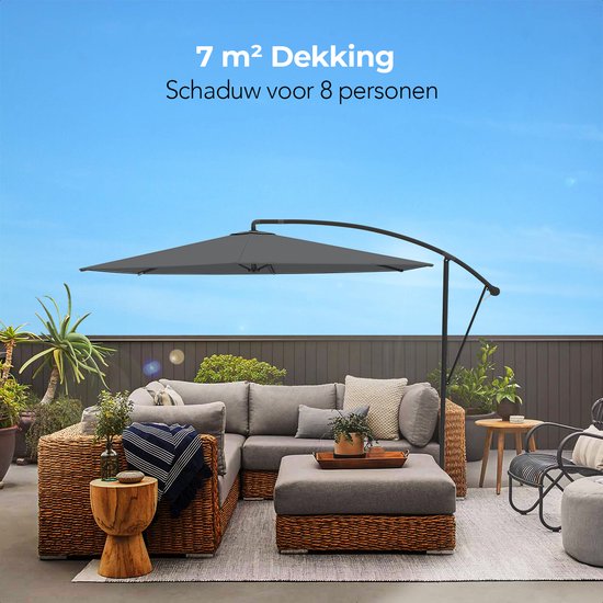 LifeGoods Zweefparasol - tot 8 Personen - Ø300cm - Waterdicht - met Hoes en Kruisvoet - Tuin of Strand - Donkergrijs