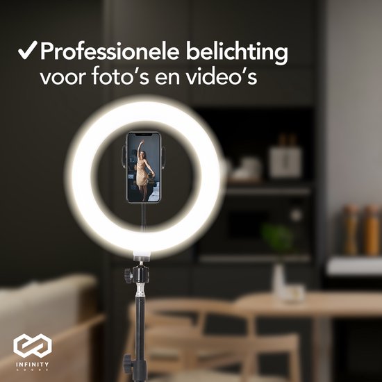 Infinity Goods Ring Light Met Statief - LED - 3 Kleuren - Verstelbaar Statief Tot 186m - Inclusief Stekker - Selfie Ringlight voor Tiktok / Instagram / Youtube / Streaming / Thuis Werken - Zwart