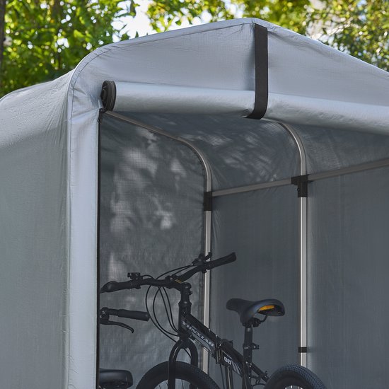 SoBuy Tuinschuur, Multifunctionele tuinhuis voor Fiets en Gereedschap, Fietsschuur, Waterdichte Garage voor buiten, Zilver, 120x176x163 cm, KLS11-K