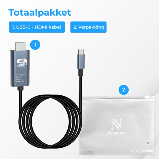 Nuvance - USB C naar HDMI Kabel - 2 Meter - 4K Ultra HD - Geschikt voor Telefoon, Tablet, Laptop, PC, Beamer & Monitor