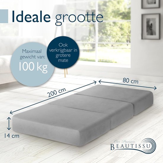 Beautissu VS95 – Premium Opvouwbaar Matras L 80X200cm – Extra Dik 14cm Traagschuim Vouwmatras H3 – Wasbaar – Eenvoudig Transport – Grijs
