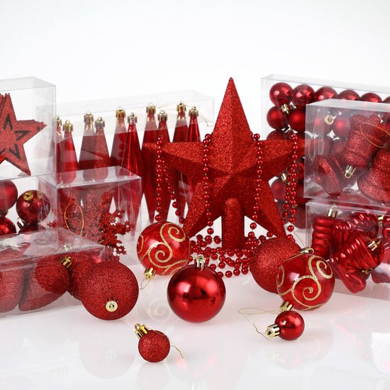 Deuba Kerstboomballen - Set van 102 Kunststof Ø3-6cm - Mat Glanzend Rood