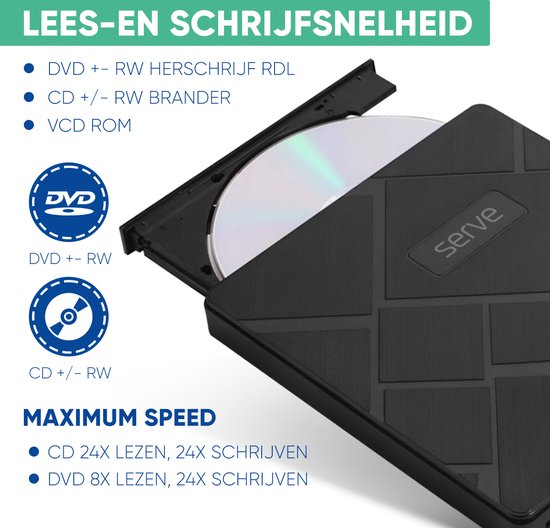 Serve 4-in-1 Externe CD / DVD Speler & Brander voor PC, Laptop & Mac iOS - Plug & Play - SD & Micro SD Kaartsleuf + USB Hub