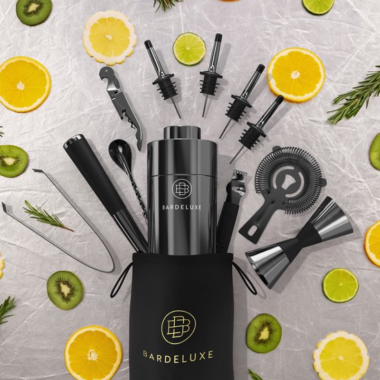 BarDeluxe® Cocktail Set - 12-Delig - Cocktailshaker 750 ml - Roestvrij Staal - Inclusief Luxe Geschenkdoos - Opbergtasje & Receptenboek - Zwart
