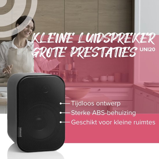 Artsound UNI20, Set van 2 passieve luidsprekers, 2-weg hifi luidspreker, 10-40 watt, muurbeugel met kogelgewricht, geschikt voor ruimtes tot 20 m² zoals gang, keuken, toilet, kleur: zwart