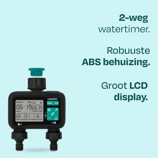 VONROC 2-weg watertimer – Besproeiingscomputer voor 2 zones – Instelbare bewateringstijd en - frequentie per zone