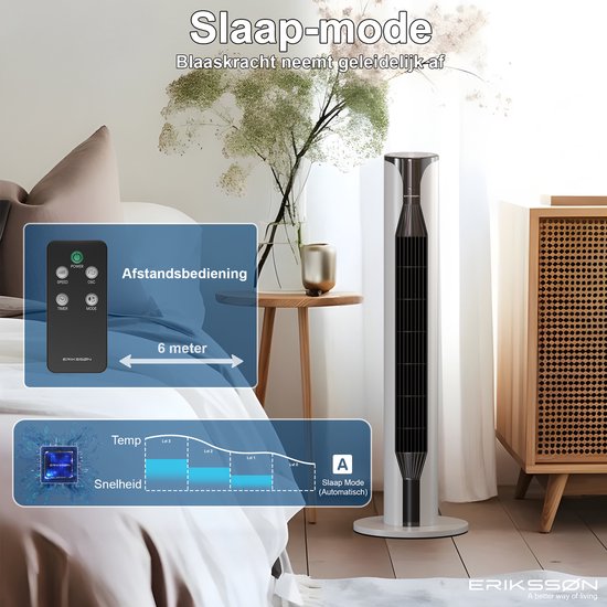 Erikssøn Torenventilator - Silent Comfort Series - Staande Ventilator met Afstandsbediening - Timer - 55W - 39 dB - 106cm - Wit