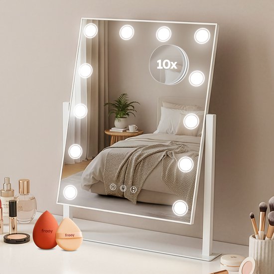 Fraay® Hollywood Spiegel met Verlichting 41x30cm - 3 Lichtstanden - Make Up Spiegel met 10x Vergrootspiegel - LED Spots Verlichting Dimbaar - Incl. Beauty Blenders en Powder puff