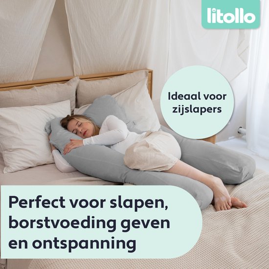 Litollo® Zwangerschapskussen XXL - Voedingskussen - Lichaamskussen - Body pillow - 280cm - Zachte fleece stof - Grijs - Met gratis extra afneembare hoes (t.w.v. €29,95)