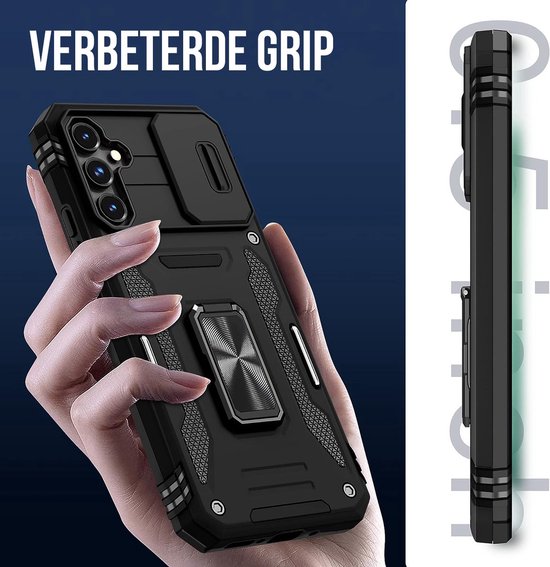 Podec Hoesje geschikt voor Samsung Galaxy A56 / A36 / A37 - Zwart Telefoonhoesje - Anti-Shock Case Cover - Hybrid Armor Hoes met Kickstand Ring met Screenprotector