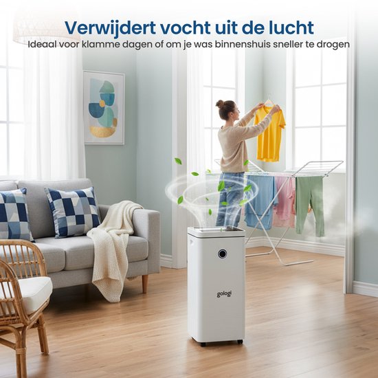 Gologi Luchtontvochtiger met App - Ontvochtigt Tot 20L Per Dag - Was-droog functie - Voor in huis - Geschikt Voor Kelder, Slaapkamer, Badkamer en Woonkamer - Dehumidifier - Vochtvreter Tegen Schimmel - Wit