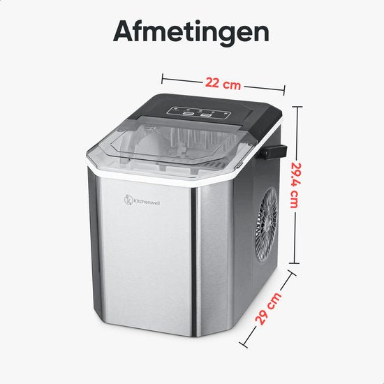 Kitchenwell IJsblokjesmachine - 1.3L - IJsblokjesmaker - IJsschep – 12kg/24 uur - Draagbaar - Zelfreinigingsfunctie - RVS