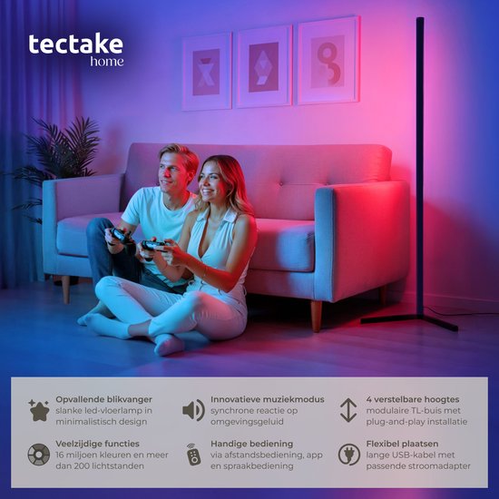 tectake® Slimme LED Vloerlamp Spectra - Hoeklamp met 16 miljoen Kleuren - 200 Lichteffecten - Staande Smart Lamp - 145 cm - Dimbaar - Bediening met App, Afstandsbediening, Knop en Spraak - Woonkamer Vloer Lamp - Sfeerverlichting