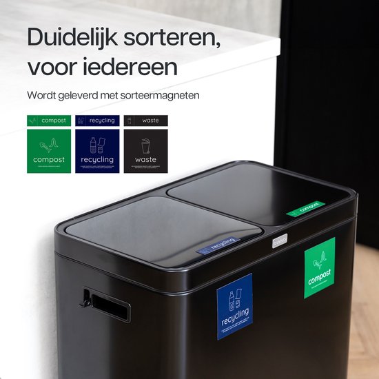 Deleca Recycle Prullenbak - 2 Vakken - 60 Liter (2x30) Afvalbak - FreshAura Geurbestrijding - Slow Close - RVS Zwart