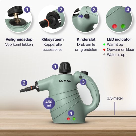 LUMAN Stoomreiniger – 16-in-1, Incl. Accessoires – 1050 W – 450 ml – Groen