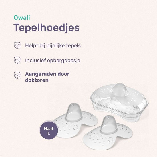 Qwali Organic Tepelhoedje voor borstvoeding - Maat L - BPA vrij - Tepel beschermer - Transparant - Incl. opbergbakje - 2 stuks