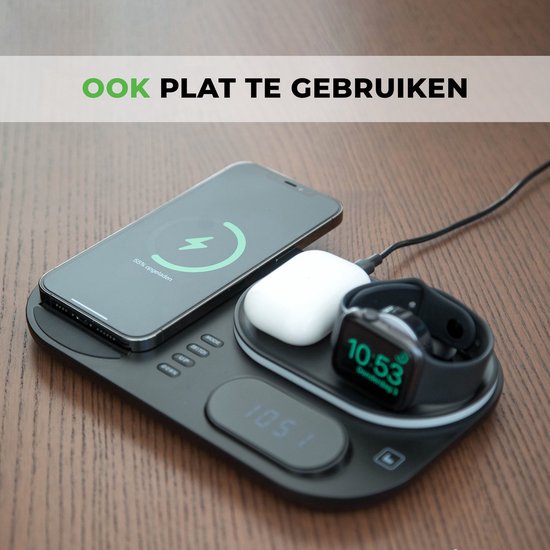 iSetchi Draadloze Qi Oplader 15 Watt Snellader (4-in-1) - Met Quick Charge 3.0 adapter, LED Klok & LED Lamp - Qi Oplaadstation