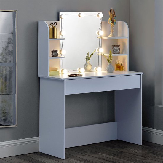 Schminktafel / kaptafel Bella - Wit - Incl. Spiegel & LED Verlichting