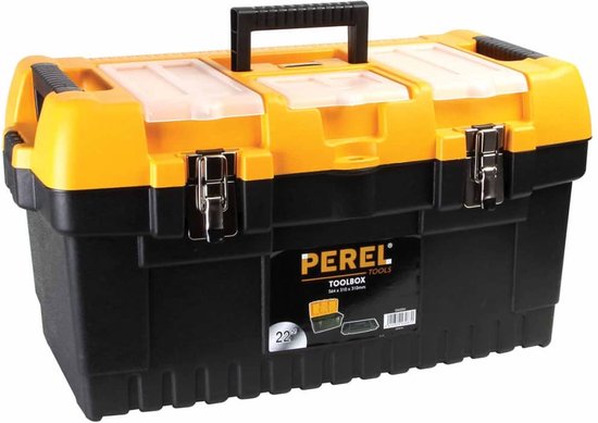 Perel Gereedschapskoffer, polypropyleen, met verwijderbare inlegbak, 3 organizers in het deksel, inklapbaar handvat en metalen sluitingen, zwart/geel, 564 x 310 x 310 mm