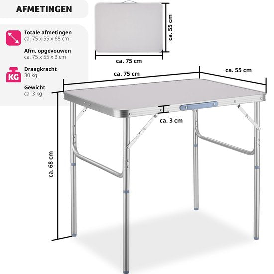 tectake® - Campingtafel opvouwbaar - Draagbare kampeertafel - Vouwtafel buiten - Inklapbare tafel - Weerbestendig - 75x55x68cm - Grijs