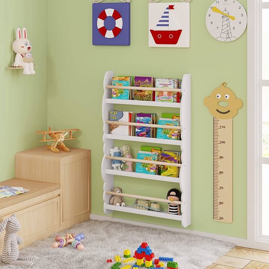 Woltu Kinder Wandboekenrek 98x60x14,5 cm Groen of Wit met Eikenlook – Montessori Opbergrek voor Kinderkamer