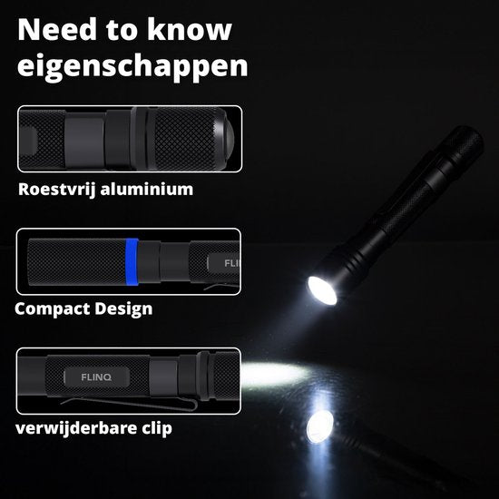 FlinQ Pen Zaklamp - 100 lumen LED lamp - Op Batterijen - Waterbestendige Flashlight - Militaire Zaklamp - Ideaal voor Noodpakket - Geschikt voor Kinderen - 100 meter Zicht - 2 Zaklampen