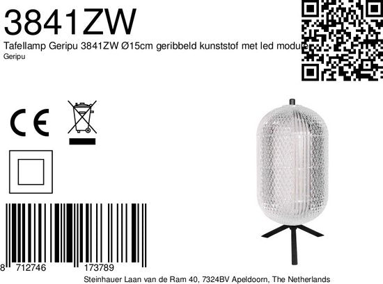 Tafellamp Geripu 3841ZW Ø15cm geribbeld kunststof met led module - Transparant/Zwart - Design - Mexlite