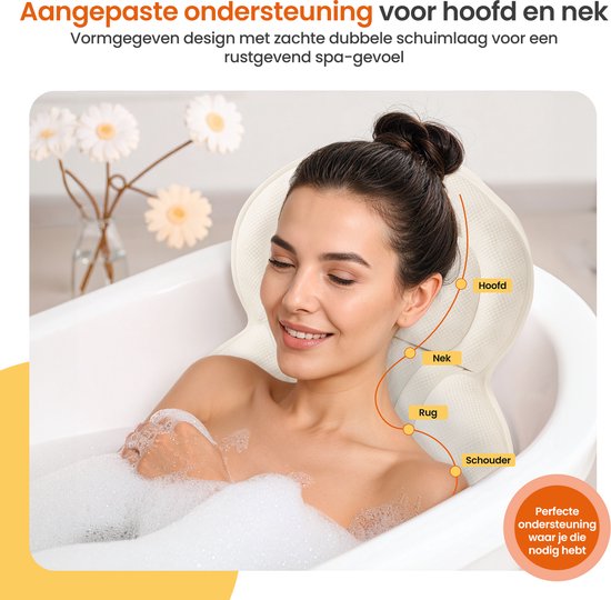 Goliving Badkussen - Ergonomisch Kussen voor in Bad - Met 6 Zuignappen - Inclusief Waszakje - Anti-Slip, Lichtgewicht & Waterdicht -100% Polyester - Wit