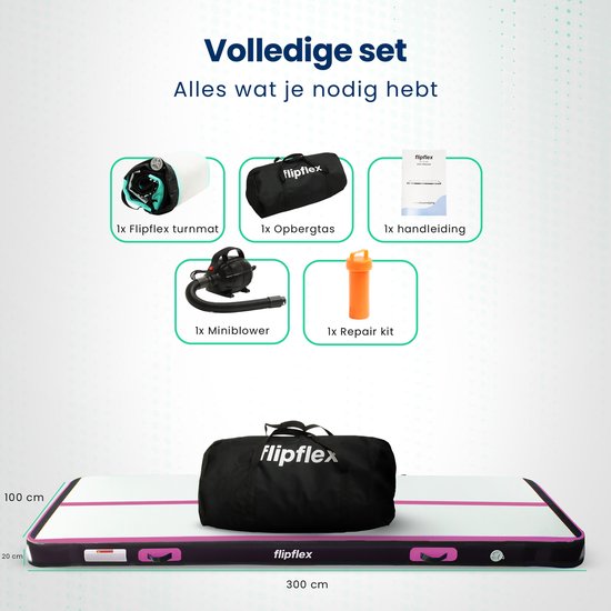 Flipflex Airtrack - Turnmat - 4 Meter - 20cm Dik - Gymnastiekmat - Inclusief 600W Miniblower - Met Luxe Draagtas - Turnen