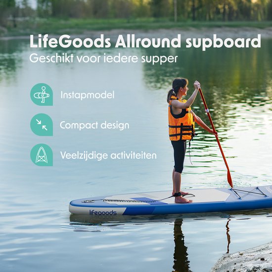 LifeGoods SUP Board Allround Compact - 100 KG Draagkracht - Opblaasbaar - Compleet SUP pakket - Blauw