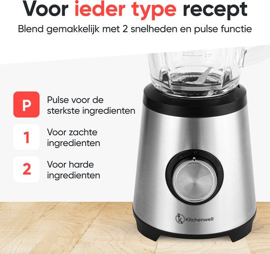 Kitchenwell Blender – Incl. To-Go Beker & Pulsefunctie – 1300 W – 17.2 x 21 x 43 cm – Grijs