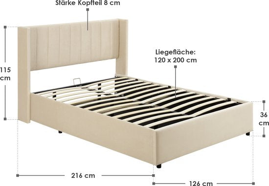 Gestoffeerd bed Savona - 200 x 120 cm - Beige - Incl. Bedlade