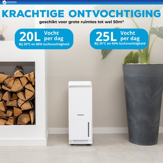 Sofresh luchtontvochtiger 25 Liter per dag - Ontvochtiger en Dehumidifier voor Kelder, Badkamer, Zolder en woonkamer - Wit