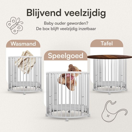 Flowsense Baby Box – Ronde Speelbox Box – Met Matras – Verstelbare Hoogtes – Wielen - Wit