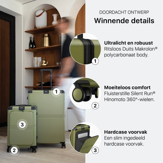 ONYX Hybrid Pro Handbagage Koffer met Voorvak 38 Liter - Gerecycled Polycarbonaat en Ritsloos Design - Reiskoffer met TSA slot en Spinner wielen - Lichtgewicht Trolley met Laptopvak - Olive Green