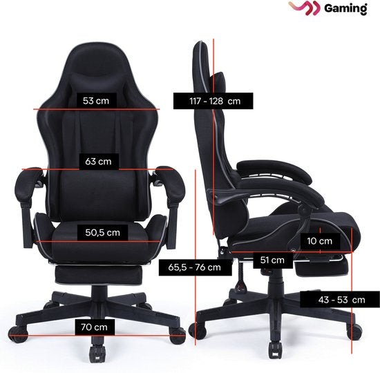VDD Gaming - Gamestoel met massagefunctie en voetsteun - Gaming chair in de kleur Zwart - Game stoel met nekkussen & verstelbaar rugkussen - Ergonomische bureaustoel met padded armsteunen - Max draagvermogen 150 kg - Verstelbare ruggensteun