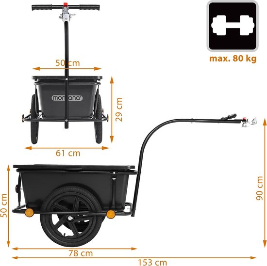 Monzana Fietskar Aanhanger - met 90L Kunststof Kuip Koppeling – Zwart