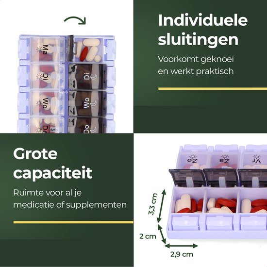 Gandria Pillendoos 7 Dagen - Pillendoosje - Pillesdoosjes met 14 Compartimenten - Medicijndoos met Stevige Sluiting - Grote vakken - Zwart/Wit