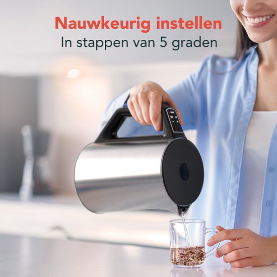 KitchenBrothers Waterkoker - Elektrisch - 1,5L - 2200W - Instelbare Temperatuurregeling - Dubbelwandig - Waterkoker RVS - Zilver